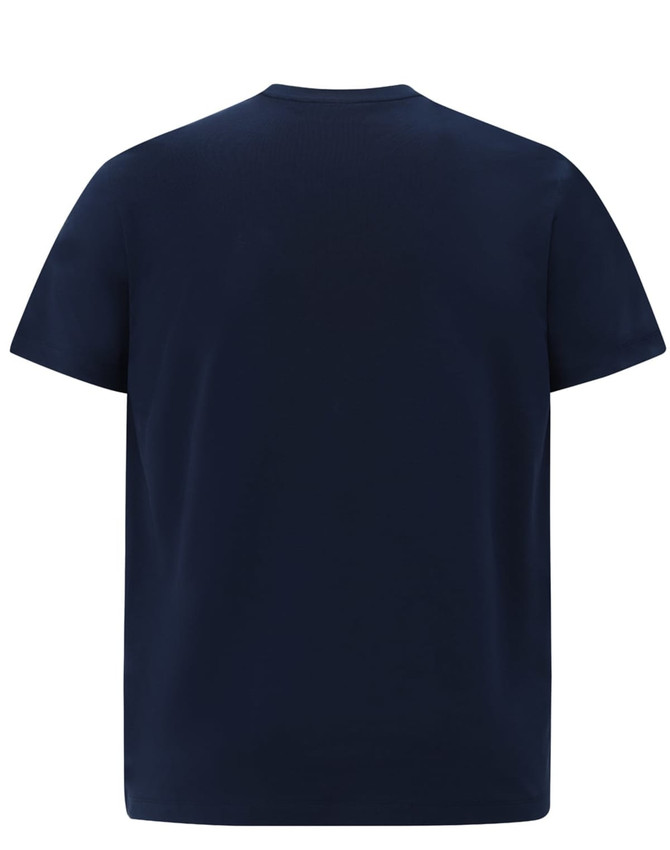 A navy blue men's premium cotton short sleeve tee shirt featuring a plain back design and a logo.