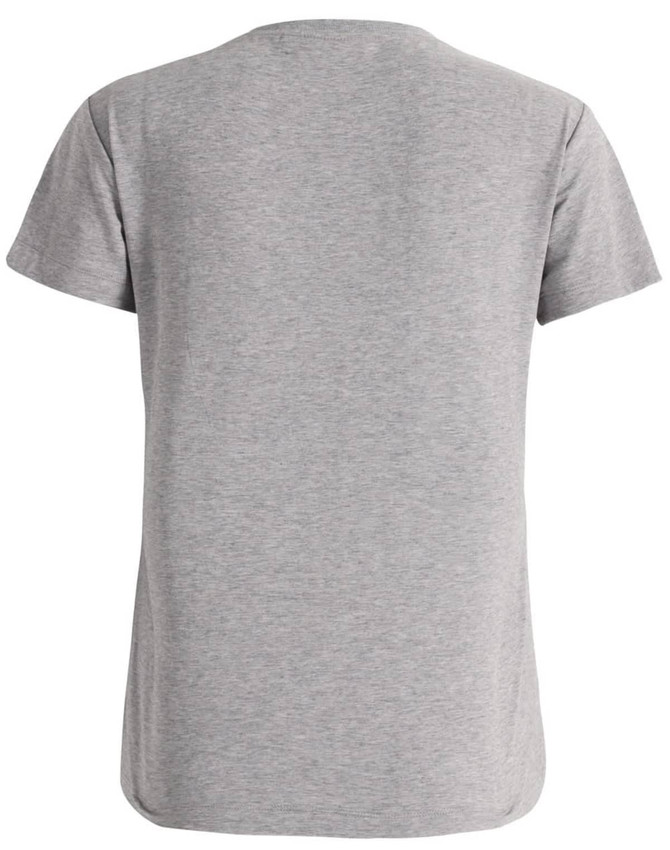 A grey ladies' premium cotton short sleeve t-shirt with a round neckline and a subtle logo.