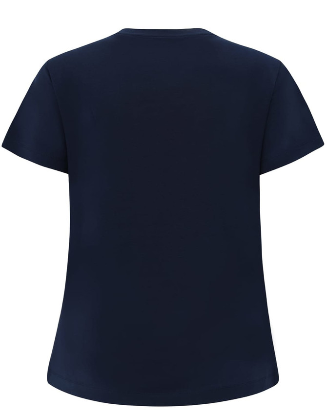 A navy blue ladies' premium cotton short sleeve tee shirt featuring a round neckline and a simple, clean design.