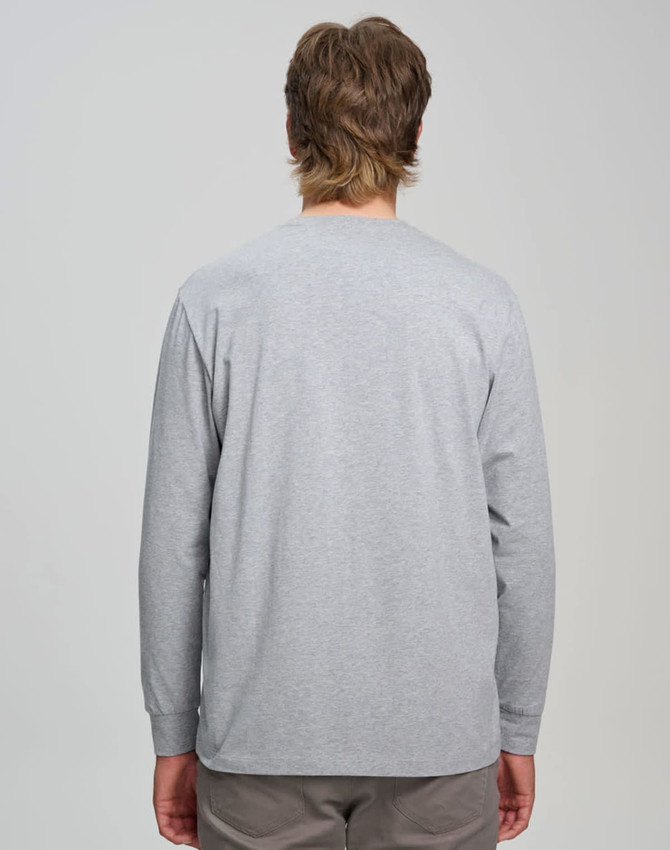 A grey long-sleeve tee shirt, featuring a simple design and a logo on the back.