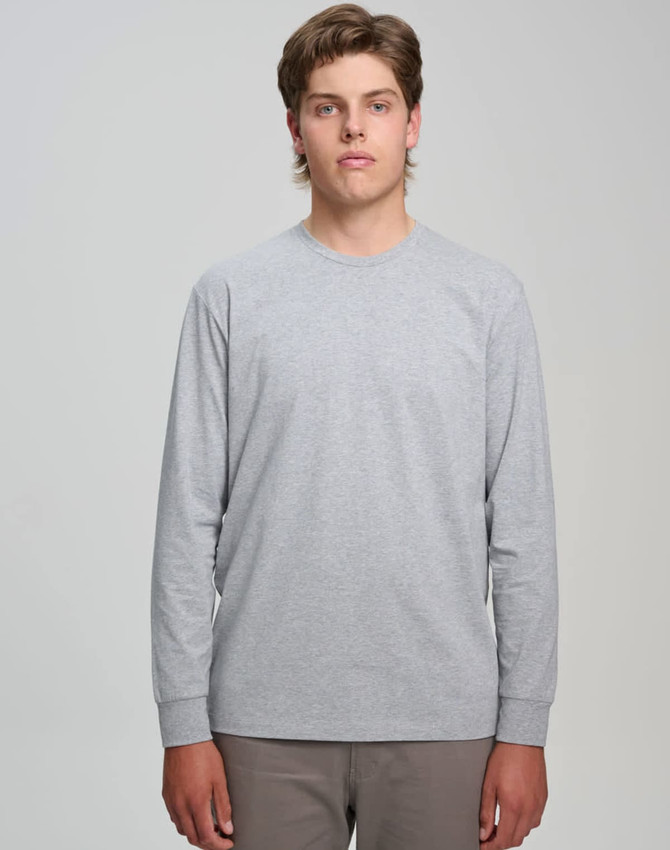 A grey long-sleeve t-shirt made from premium cotton, featuring a plain design and a logo.