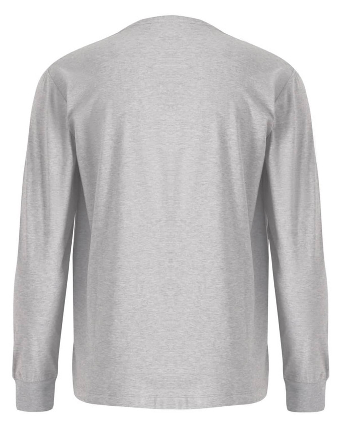 A grey long-sleeve tee shirt made of premium cotton, featuring a simple design with a logo.