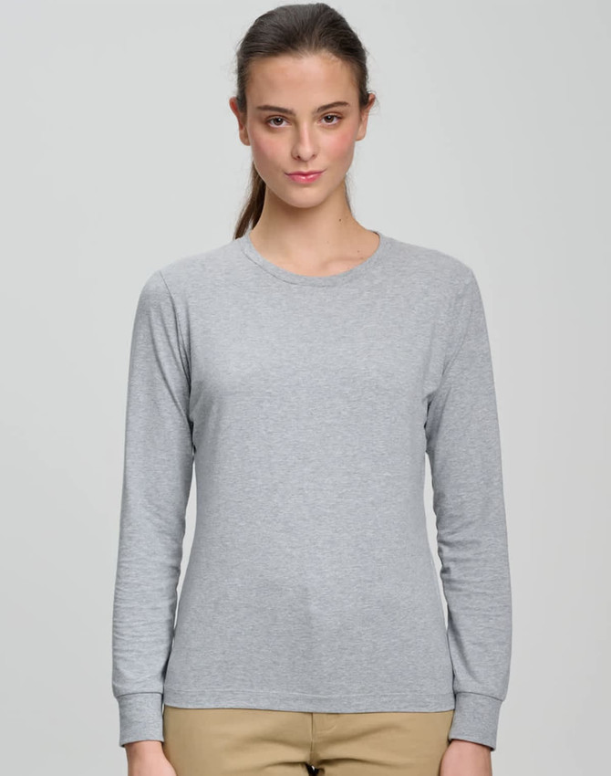 A long-sleeve tee shirt in light grey, featuring a round neckline and a fitted design. It has a logo on the chest.