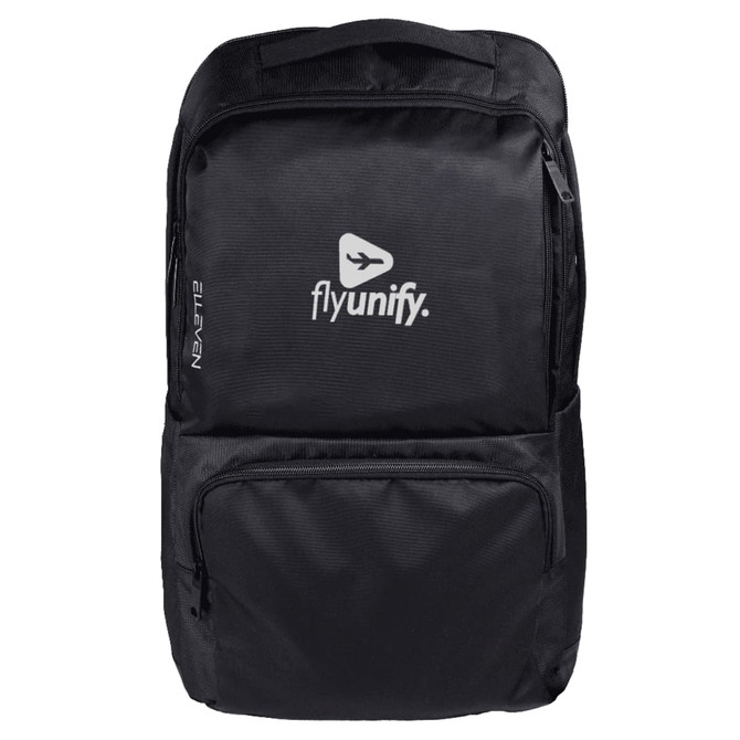 A black laptop backpack featuring a front pocket and a logo. It has padded shoulder straps for comfort.