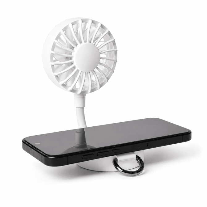 A white rechargeable fan attached to a phone stand, displaying a black smartphone. The fan features a flexible neck.