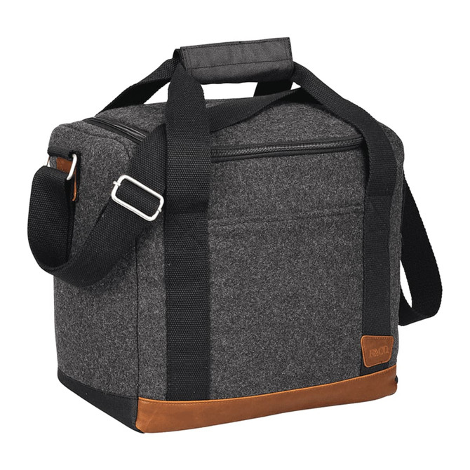 A drink bottle cooler bag in grey with black straps and a brown base, featuring a logo on the side.