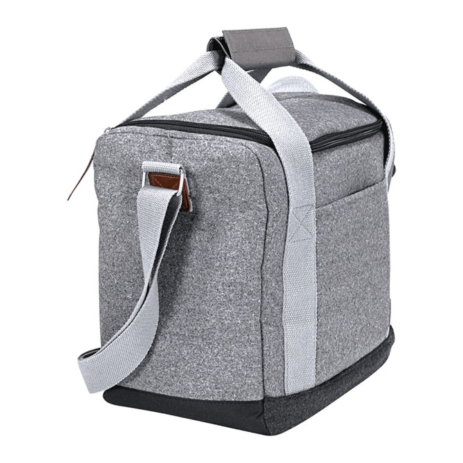 A grey cooler bag with a sturdy handle and adjustable strap, designed to hold up to 12 bottles.