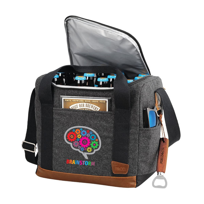 A drink bottle cooler bag in charcoal grey, featuring a design with multiple drink bottles inside and a logo.