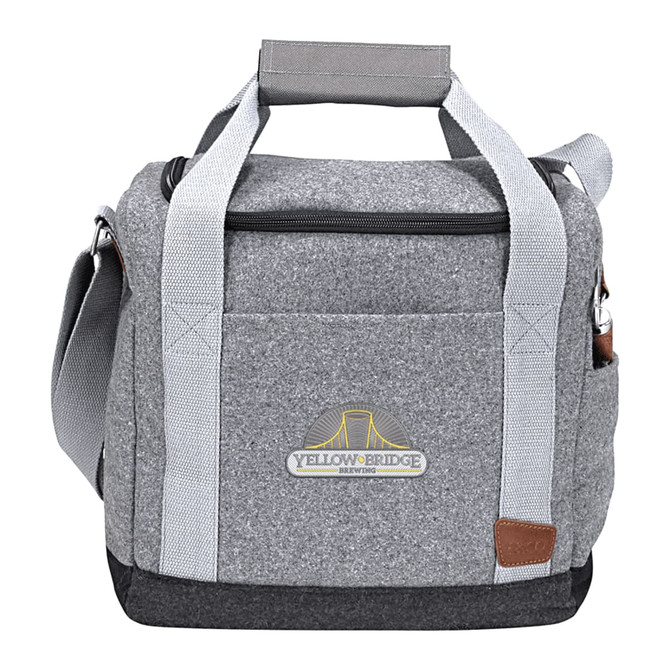 A grey cooler bag with grey straps, featuring a logo, designed to hold up to 12 drink bottles.
