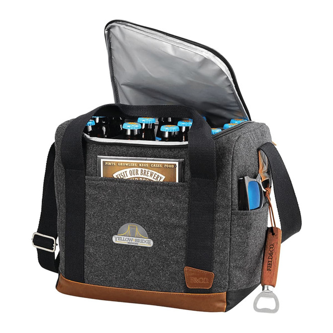 A drink bottle cooler bag in grey with brown accents, featuring an open top and bottle opener attached.