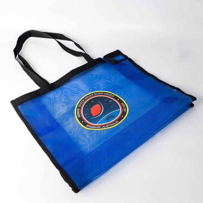 A blue nylon mesh tote bag with black straps and a logo in the centre.