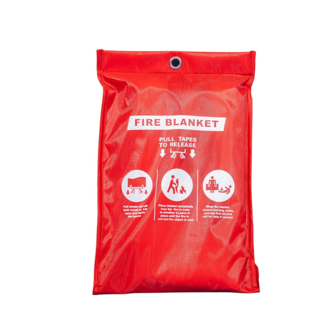 A red fire blanket with a pull tab for release, packaged in a protective sleeve and displaying safety instructions.