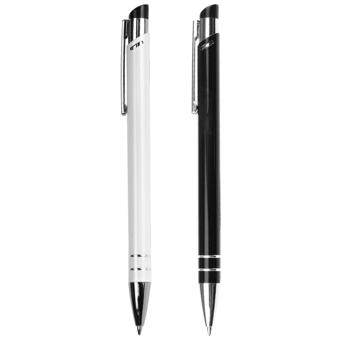 A black and a white metal ballpoint pen displayed side by side, each featuring a clip and decorative accents.