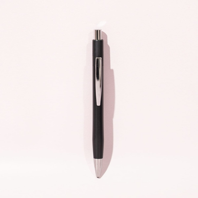A black ballpoint pen with a chrome accent and a sleek design. The pen features a clip and a retraction mechanism.