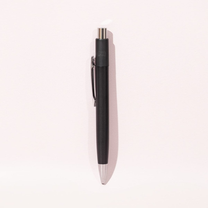 A metal ballpoint pen in black, featuring a clip and a silver tip, with a logo on the barrel.