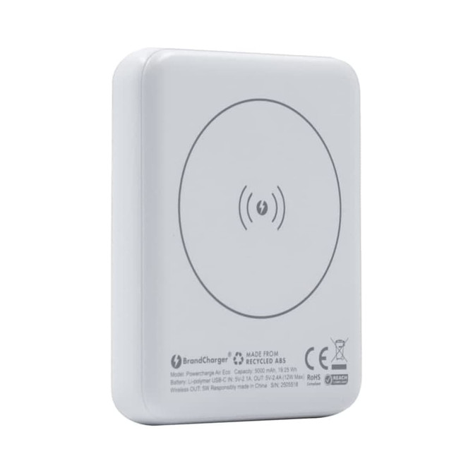 A white magnetic wireless power bank with a circular charging symbol on the surface and a branding logo.