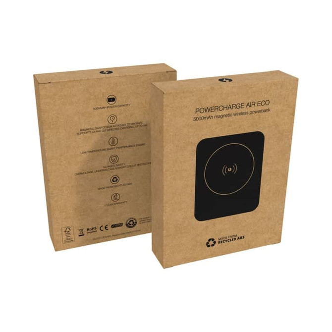 A brown cardboard box for the Powercharge Air Eco 5000 mAh magnetic wireless power bank, featuring a logo and icons.