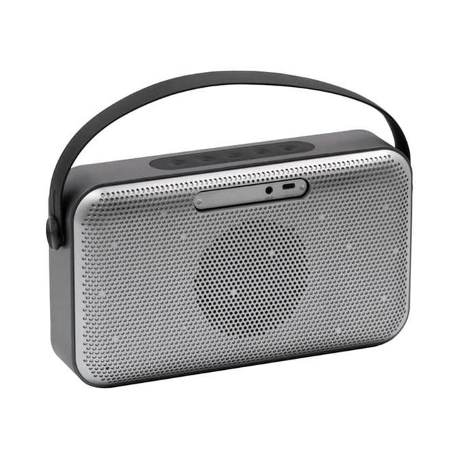 A premium wireless speaker in silver and black, featuring a handle and perforated metal design for enhanced sound.