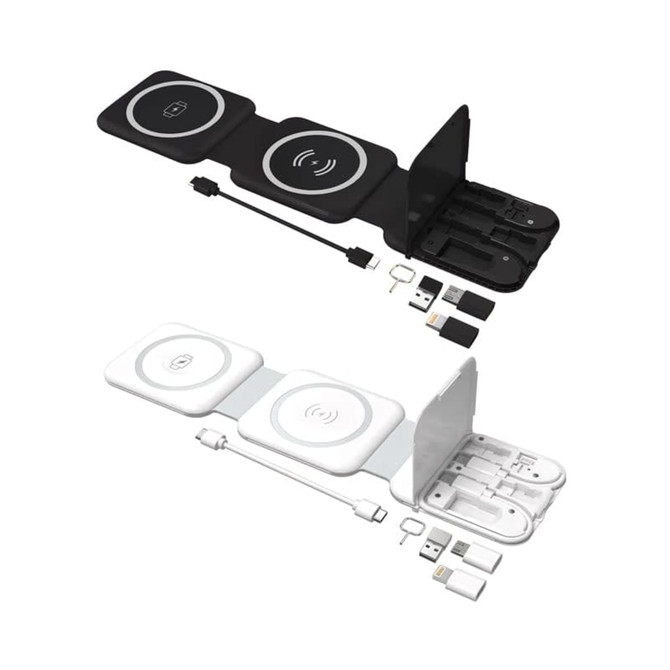 A black and white wireless charging kit with dual pads, USB connections, and a compact design featuring a logo.
