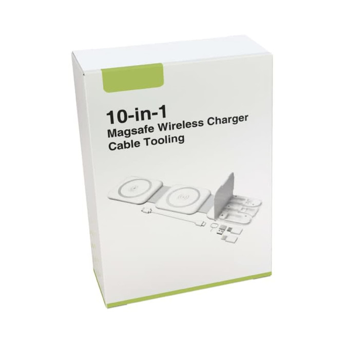 A packaging box for a 10-in-1 Magsafe wireless charger kit featuring multiple white components and a green accent.