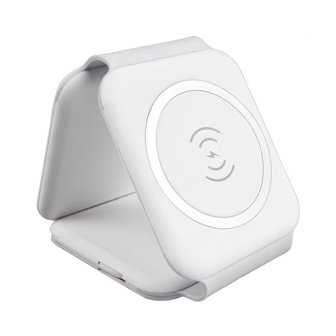 A white magnetic wireless charging kit with a foldable design and a circular charging area. Features a logo.