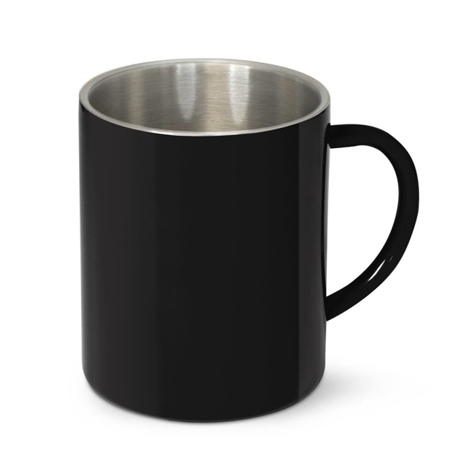 A coffee mug featuring a sleek black exterior with a stainless steel interior.
