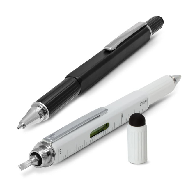 A black and silver multi-function pen and a white pen with a ruler and level, featuring a brand logo.