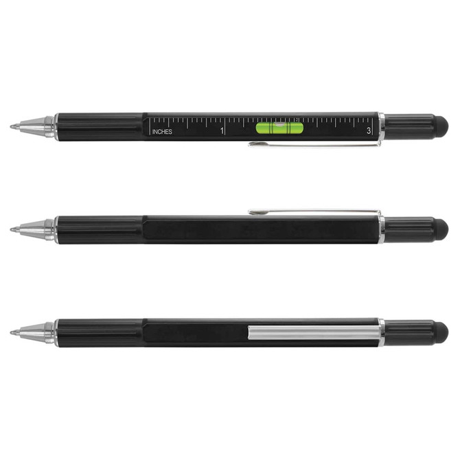 A multi-function pen in black, featuring a ruler and spirit level, with chrome accents and a branding logo.
