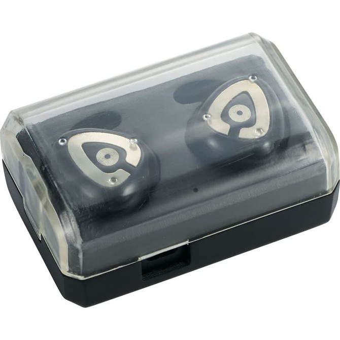 True wireless Bluetooth earbuds in a transparent charging case, featuring a black and silver design.