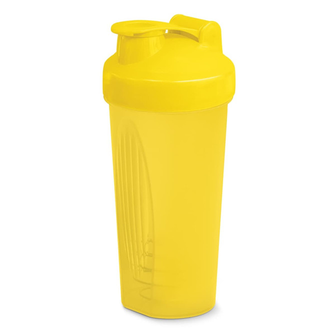 A drink bottle with a yellow body and lid, featuring a mixing ball inside, ideal for protein shakes.