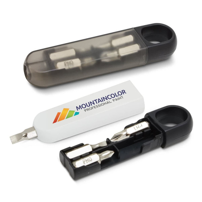 A mini screwdriver set in a black and transparent case, including multiple bits and a branding logo.