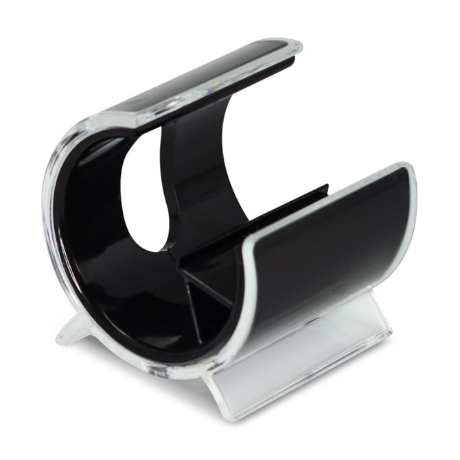 A black and clear plastic phone stand with a curved design, featuring an open slot for device support.