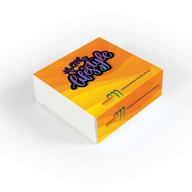 A square promotional box with an orange and yellow design, featuring branding on the sides.