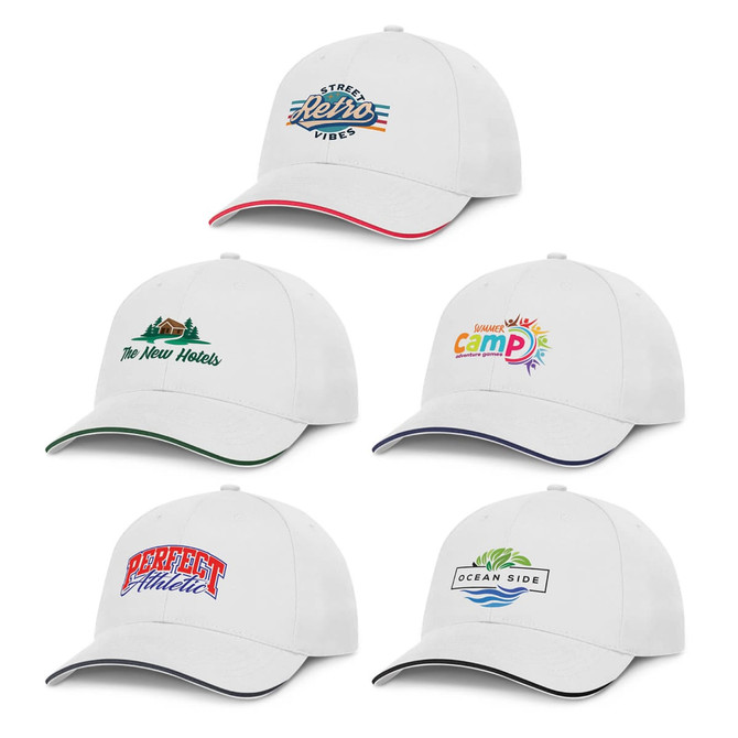 A collection of five white caps featuring various logos and colourful designs on the front.