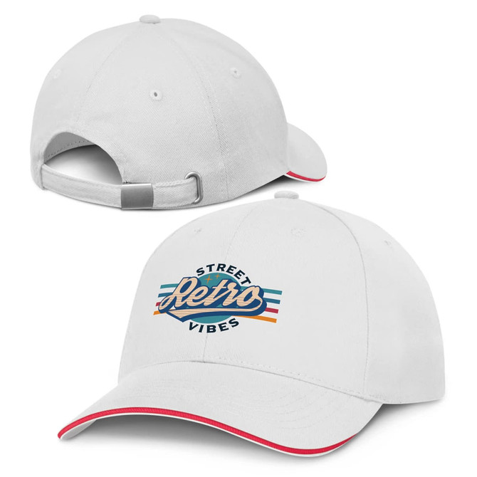 A white cap featuring a logo on the front and a strapback closure at the rear, with contrasting details.