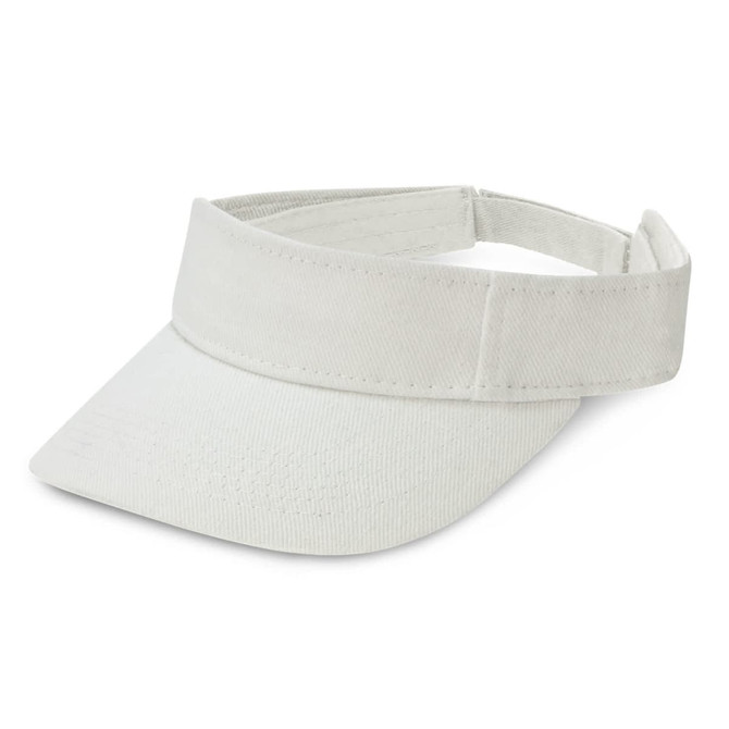 A white sun visor featuring a wide brim and adjustable band for a comfortable fit.