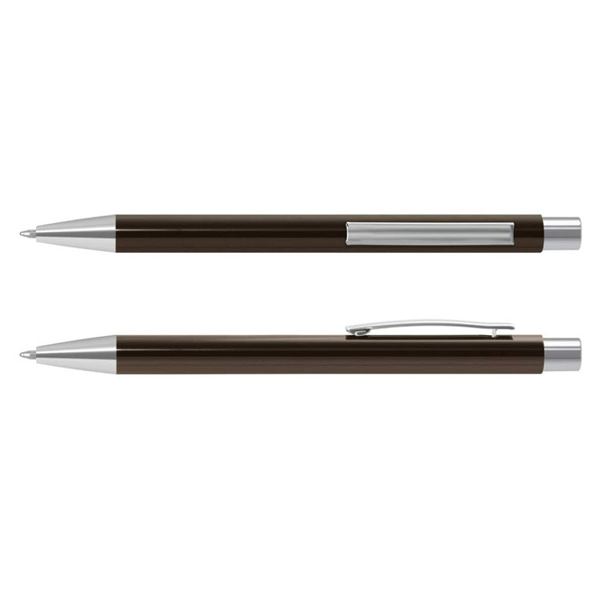 A metal pen, the Lancer Pen, featuring a sleek dark finish with silver accents and a clip for easy attachment.