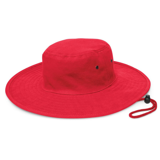 A wide-brimmed red hat with a drawstring. Suitable for sun protection with a relaxed style.