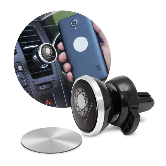 A black and silver magnetic phone holder with a metallic disc, designed for car air vents.
