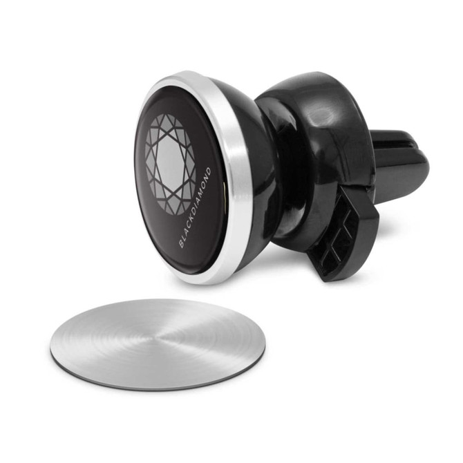 A black and silver magnetic phone holder with a round metal plate for attachment. The design features a logo.
