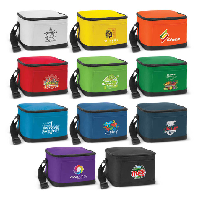 A collection of vibrant cooler bags in various colours, each featuring unique designs and logos.