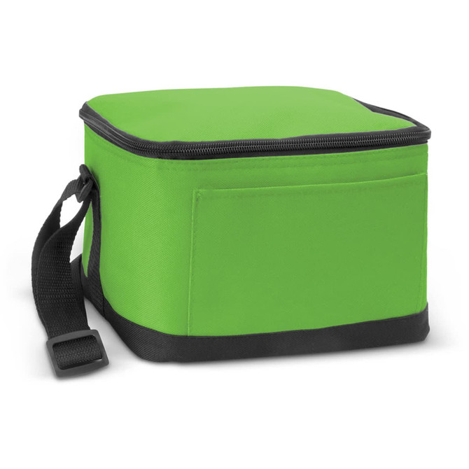 A square, green cooler bag with a black base and a shoulder strap, featuring a side pocket and a zip closure.