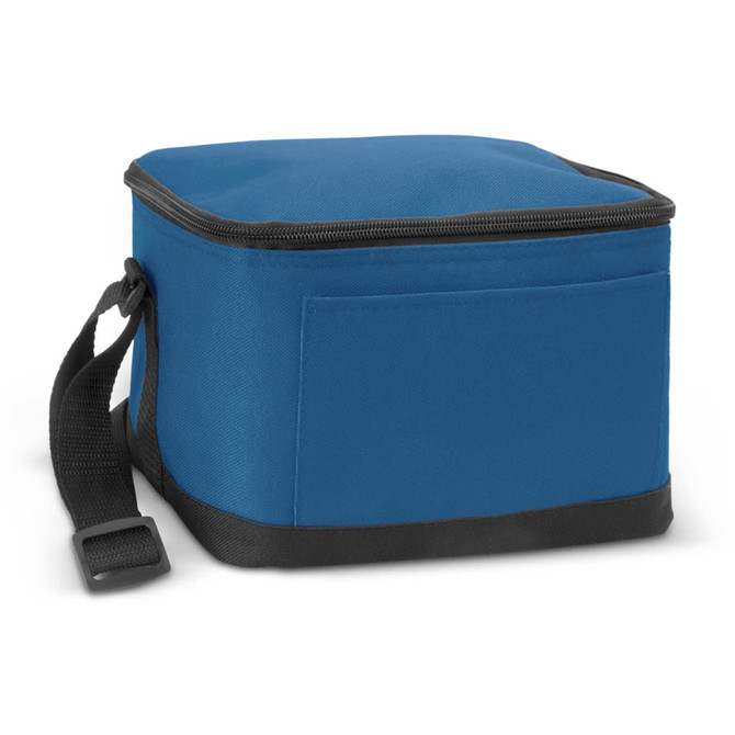 A blue insulated cooler bag with a zipper, featuring a black base and a side strap.