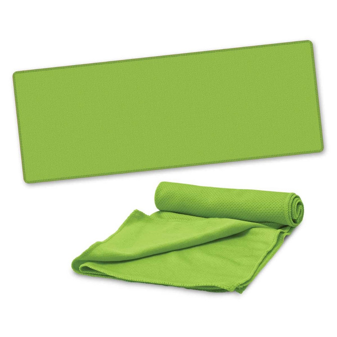 A green cooling towel rolled and unfolded, featuring a textured surface, with a small logo present.