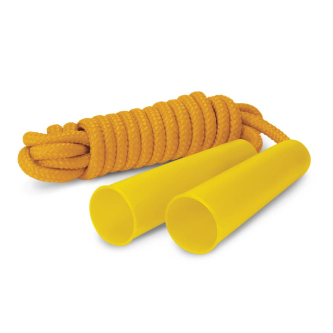 A bright yellow skipping rope with smooth handles and a coiled rope. The product features a logo on the handles.