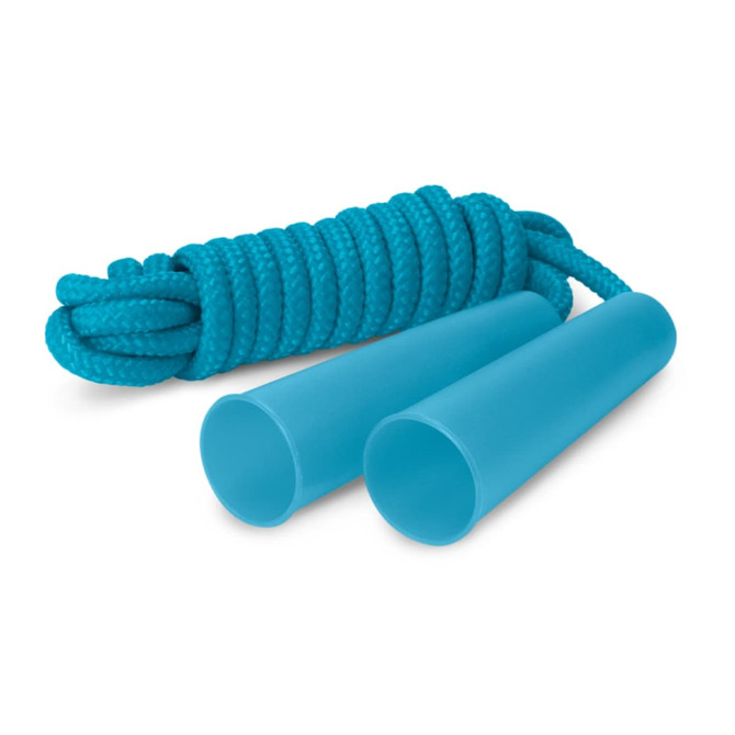 A turquoise skipping rope with soft handles, coiled neatly for storage. It features a smooth, flexible rope design.