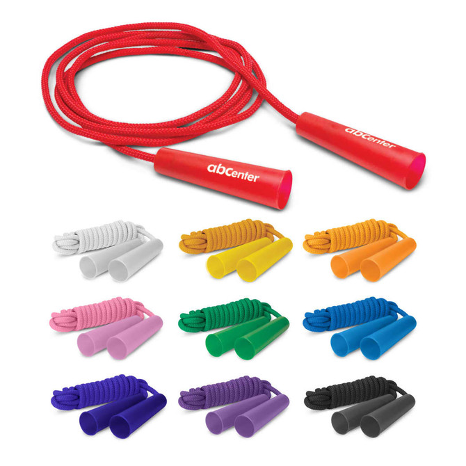 A skipping rope with red handles and a long red cord, available in various other colours. Features a logo on handles.