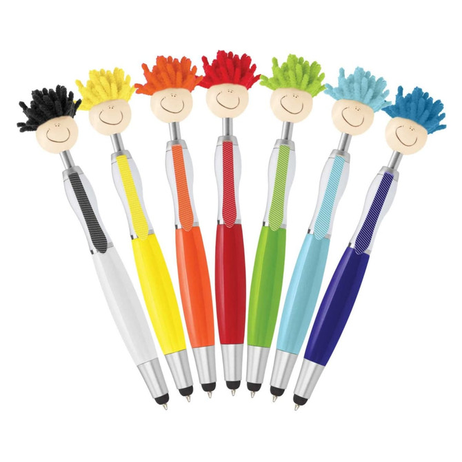 A set of vibrant stylus pens in various colours, each topped with a smiling character and a fuzzy pom-pom hairstyle.