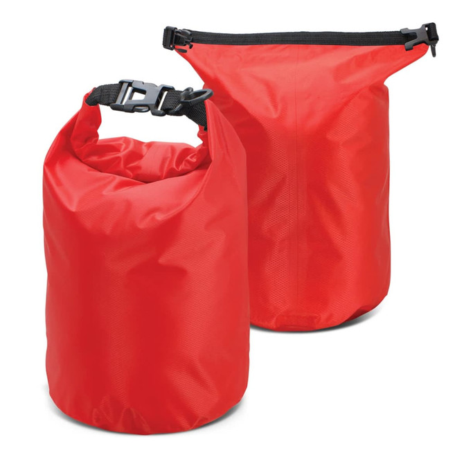 Red Nevis Dry Bags, 5L size, featuring a secure roll-top closure and adjustable strap. Includes a brand logo.
