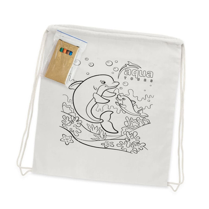 A cotton drawstring backpack featuring a dolphin coloring design, accompanied by a pack of coloring pens.